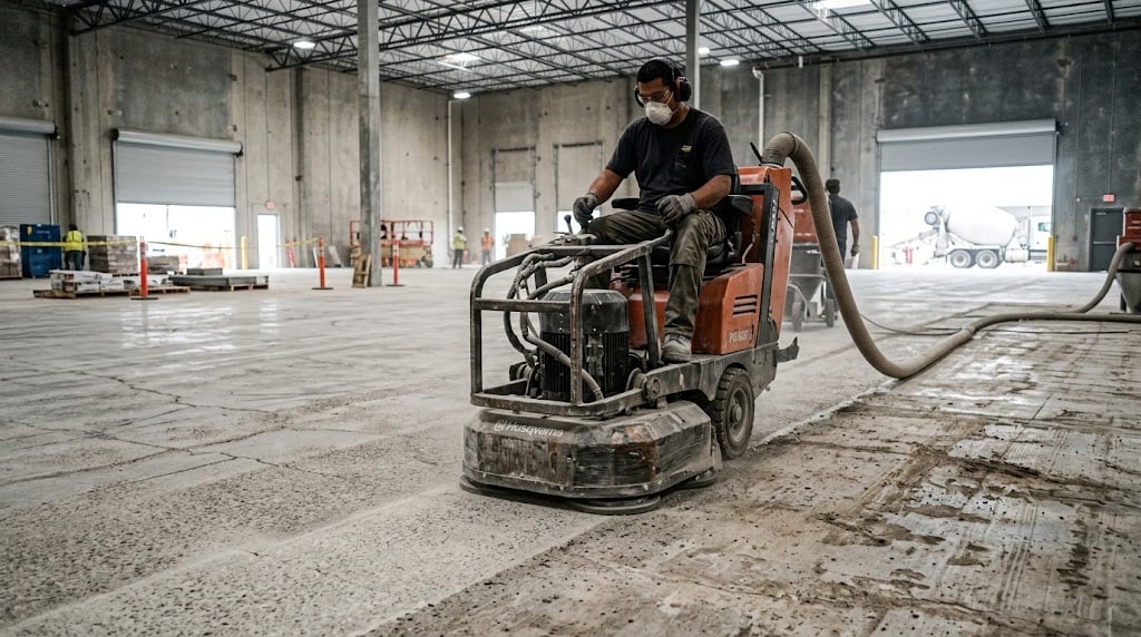 Commercial concrete floor preparation grinding